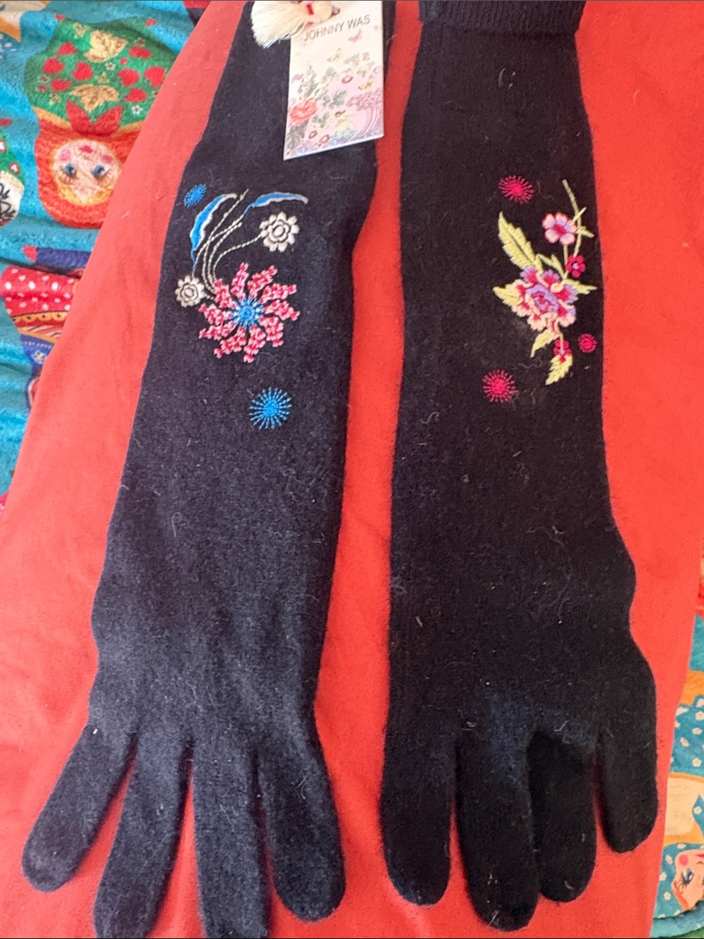 Johnny Was Black Long Embroidered Floral Gloves